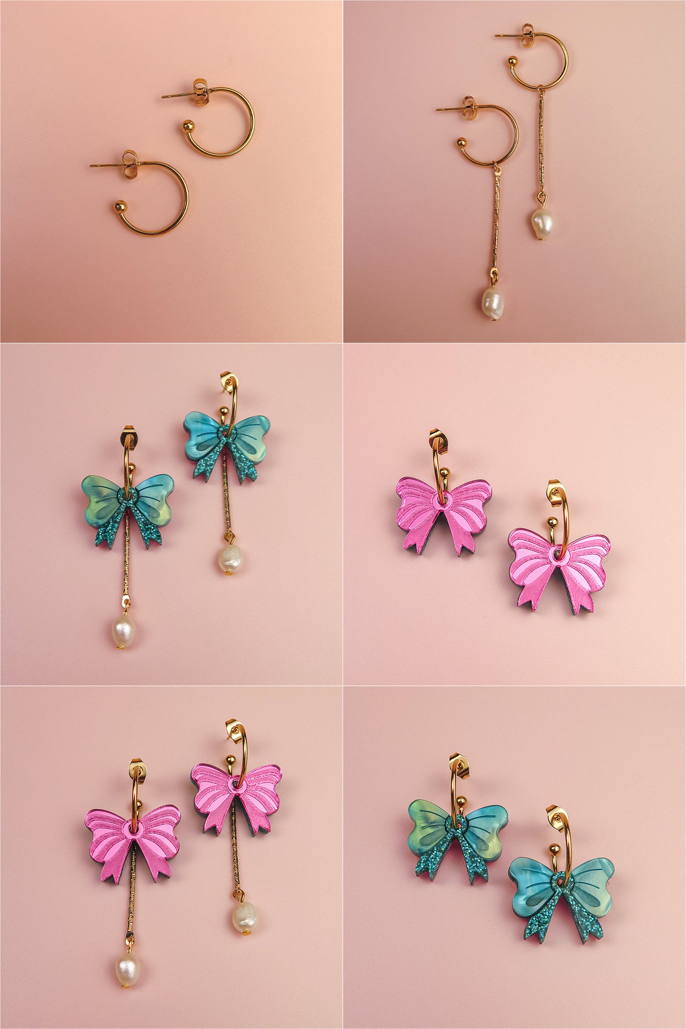 A set of six images shows interchangeable dangle earrings on a pink background: gold-plated c-hoops with freshwater pearls, blue and green bows with pearls, pink bows, green and blue bows, and mixed pairs with bows and pearls.