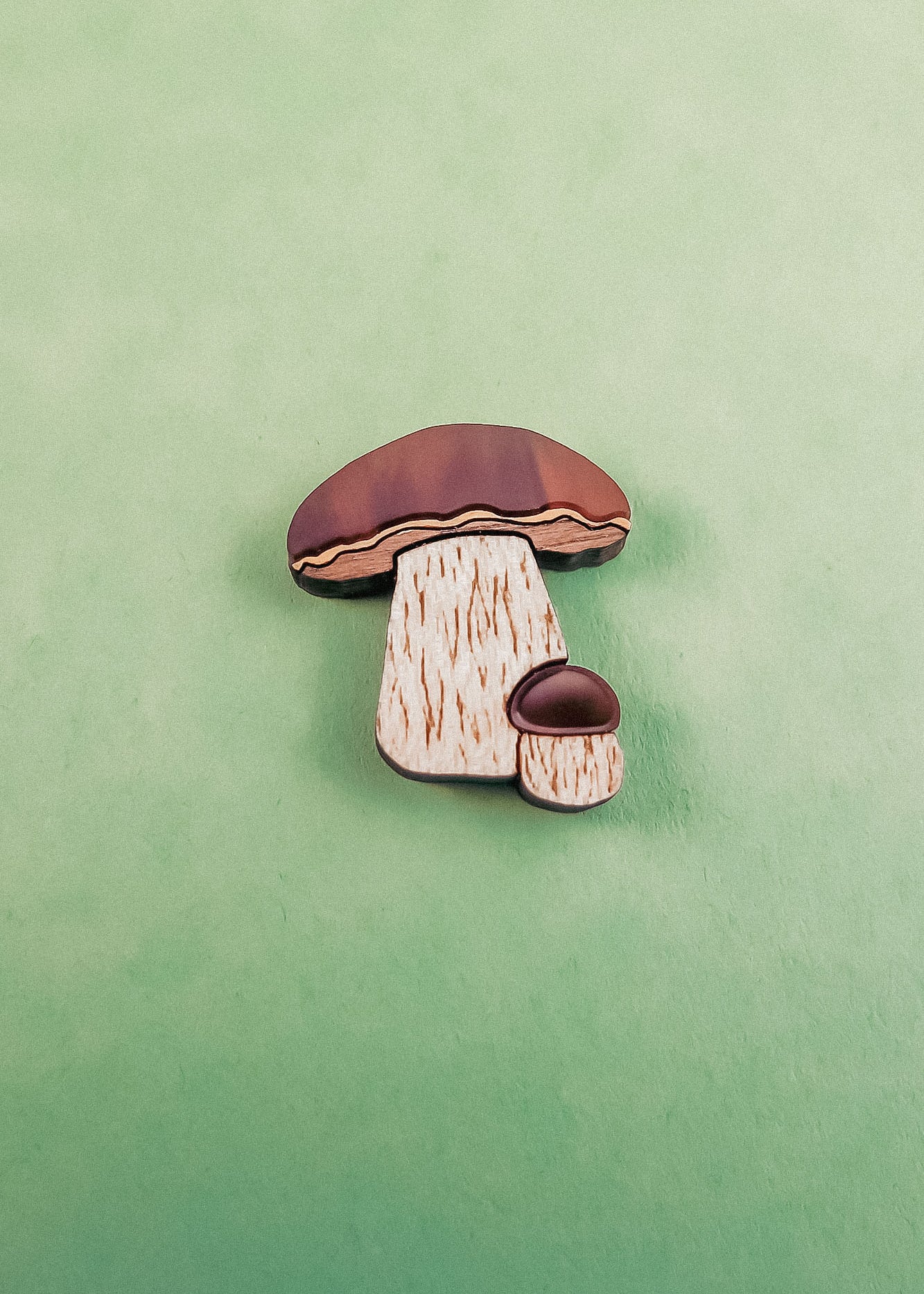 A nature-inspired design, this King Bolete Mushroom Pin features handcrafted quality with two mushrooms—one large and one small—sporting brown caps and beige stems, set against a textured green background.